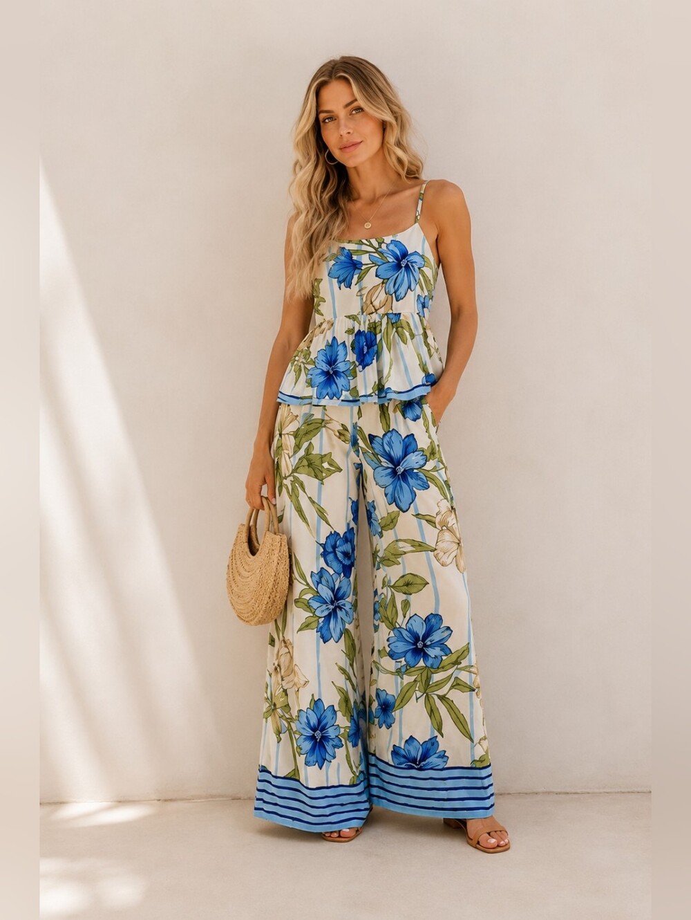 CeCe Woven Tropics Floral Crop Top & Wide Leg Pant Set Small NWOT